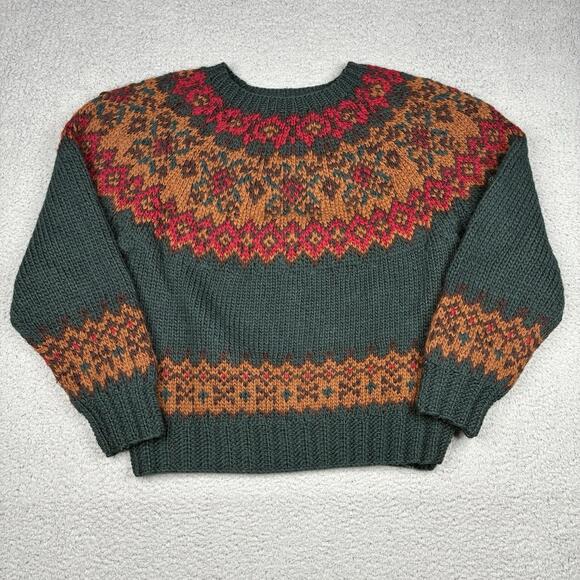 Vintage 90s Gap Hand Knit Fair Isle Wool Sweater Men’s Medium Green Nordic